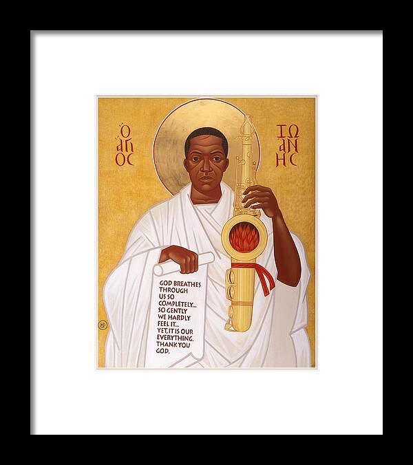 Saint John Coltrane. Black Christ Religion Framed Print featuring the painting God Breathes Through the Holy Horn of St. John Coltrane. by Mark Dukes