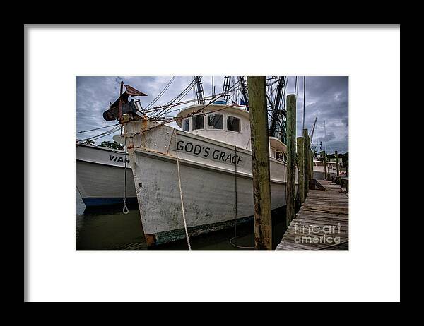 God's Grace Framed Print featuring the photograph God's Grace Shrimp Boat Docked in McCellanville SC by Dale Powell