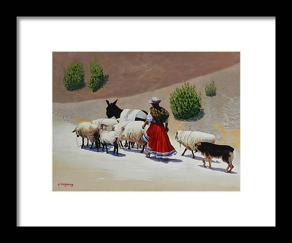 Animals And Figure Framed Print featuring the painting Going home, Peru Impression by Ningning Li