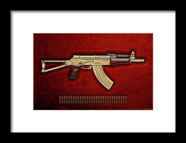'the Armory' Collection By Serge Averbukh Framed Print featuring the digital art Gold A K S-74 U Assault Rifle with 5.45x39 Rounds over Red Velvet by Serge Averbukh