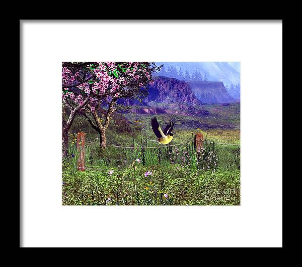 Birds Framed Print featuring the digital art Gold Finch in the spring time by John Junek