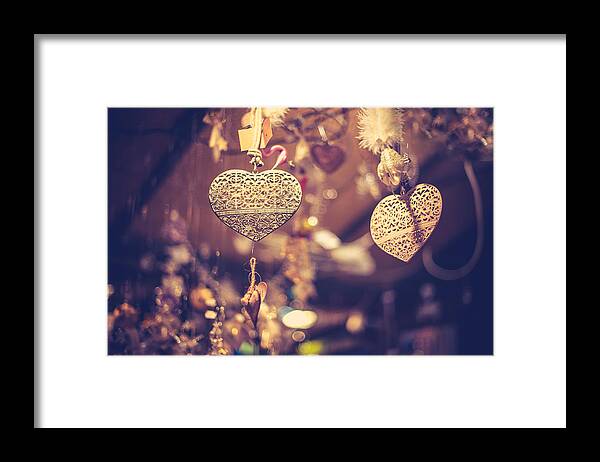 Jenny Rainbow Fine Art Photography Framed Print featuring the photograph Golden Christmas Hearts by Jenny Rainbow