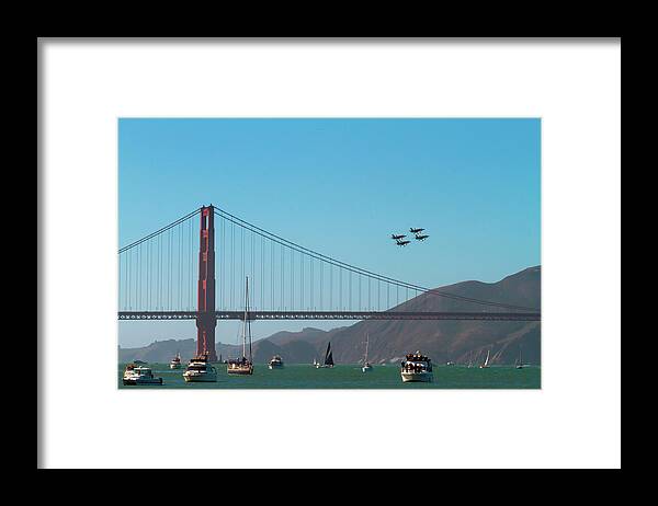 Golden Gate With Blue Angels Framed Print featuring the photograph Golden Gate with Blue Angels by Bonnie Follett
