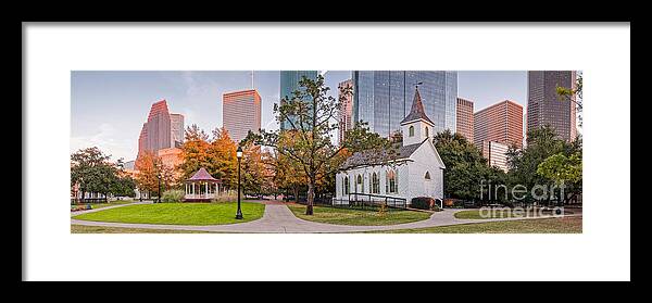 City Framed Print featuring the photograph Golden Hour Fall Panorama of Downtown Houston and St. John Church at Sam Houston Park - Texas by Silvio Ligutti