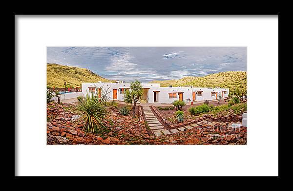 Indian Lodge Framed Print featuring the photograph Golden Hour Panorama of the Indian Lodge at Davis Mountains State Park - Fort Davis West Texas by Silvio Ligutti