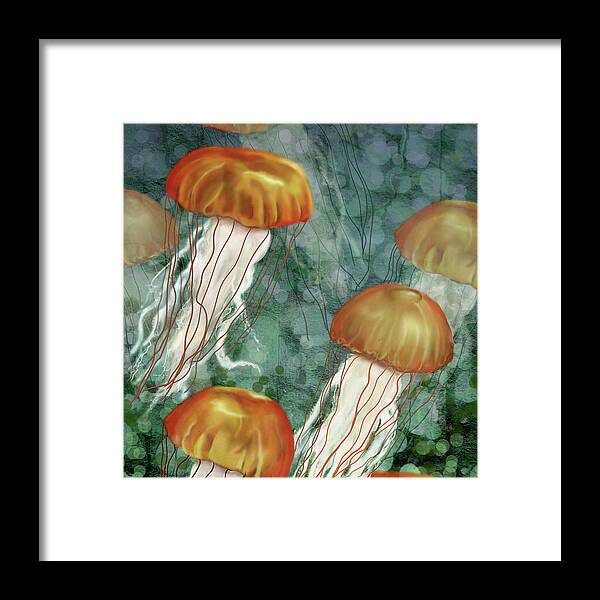 Jellyfish Framed Print featuring the digital art Golden Jellyfish in Green Sea by Sand And Chi