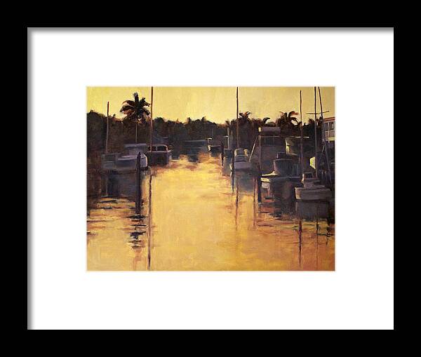 Sunsets Framed Print featuring the painting Golden Marina 1 by Tate Hamilton