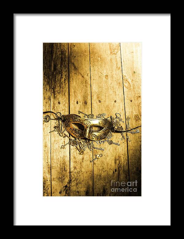 Theater Framed Print featuring the photograph Golden masquerade mask with keys by Jorgo Photography