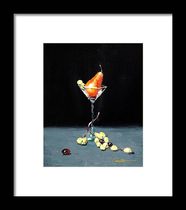 Still Life Of Golden Pear In Martini Glass Surrounded By Grapes Framed Print featuring the painting Golden Pear Martini by Ruben Carrillo
