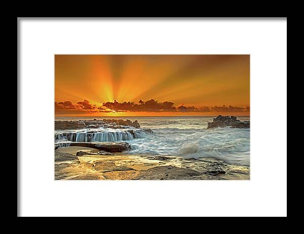 Oahu Sunset Ocean Shorebreak Seascape Clouds Fine Art Photography Framed Print featuring the photograph Golden Rays by James Roemmling