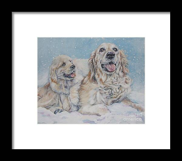 Golden Retriever Framed Print featuring the painting Golden Retriever with pup in snow by Lee Ann Shepard