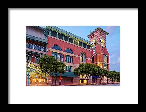 Downtown Framed Print featuring the photograph Golden Sunset Glow on the Facade of Minute Maid Park - Downtown Houston Harris County Texas by Silvio Ligutti
