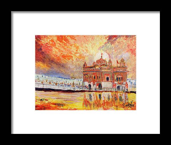 Golden Temple At Day Framed Print featuring the painting Golden Temple at day by Sarabjit Singh