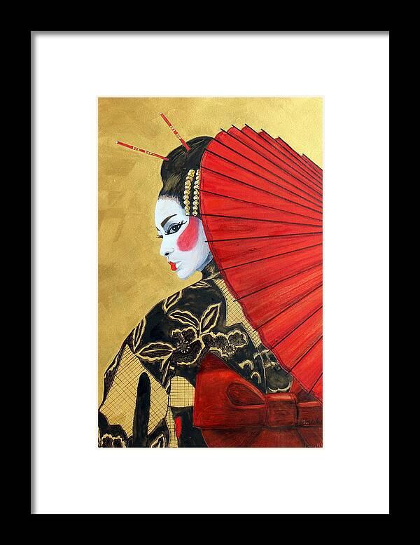 Geisha Framed Print featuring the painting Golden World Watercolor by Kimberly Walker
