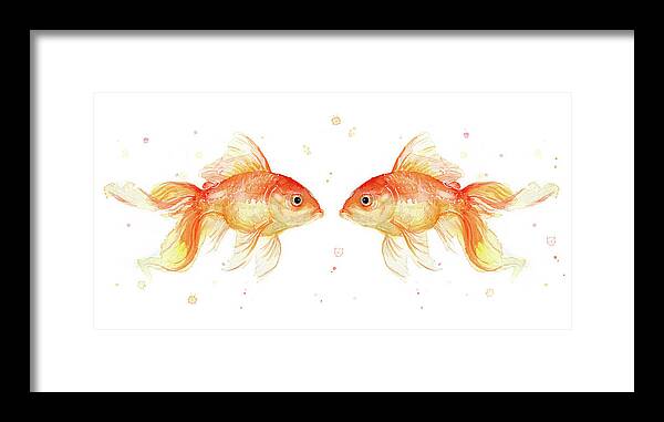 Gold Framed Print featuring the painting Goldfish love Watercolor by Olga Shvartsur