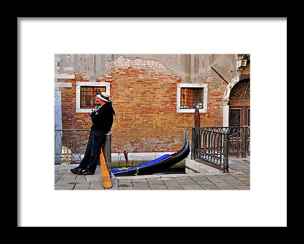 Gondolier Framed Print featuring the photograph Gondolier Chit Chat - Venice, Italy by Denise Strahm