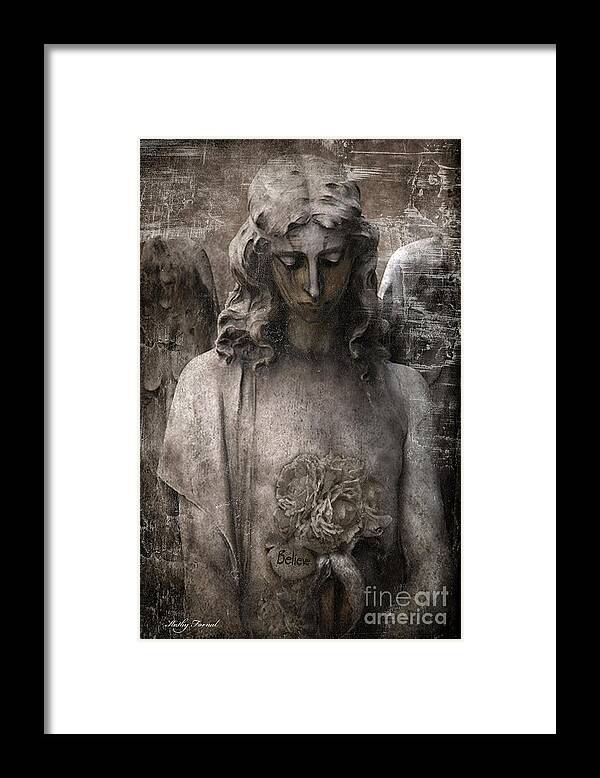 Angel Art Framed Print featuring the photograph Gothic Surreal Mourning Angel - Inspirational Angel Art - Believe by Kathy Fornal