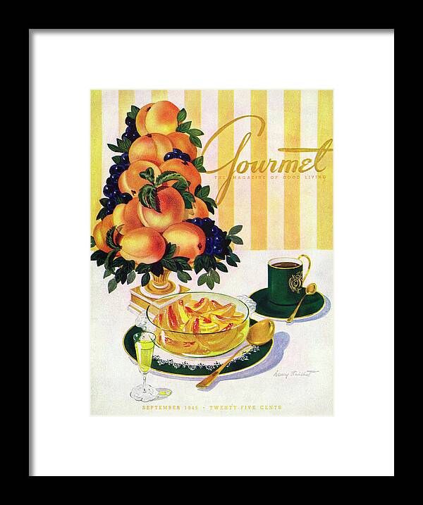 Illustration Framed Print featuring the photograph Gourmet Cover Featuring A Centerpiece Of Peaches by Henry Stahlhut