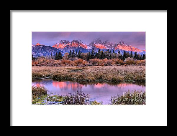 Teton Sunrise Framed Print featuring the photograph Grand Teton Pink Stripe Sunrise by Adam Jewell