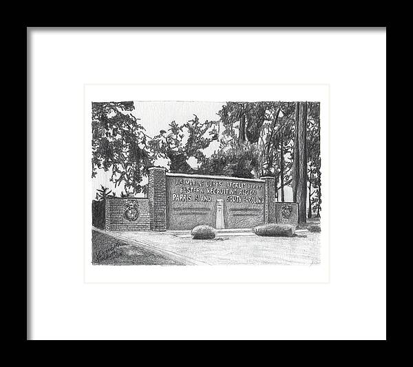 Graphite Framed Print featuring the painting Graphite Parris Island Welcome by Betsy Hackett