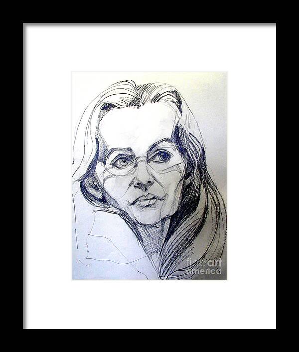  Framed Print featuring the drawing Graphite Portrait Sketch of a Woman with Glasses by Greta Corens