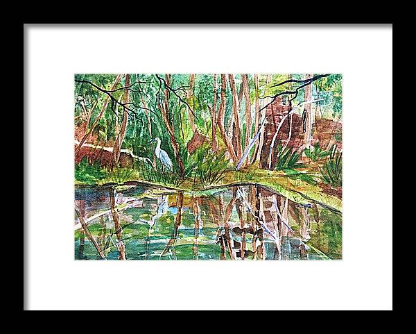 Great Blue Heron Framed Print featuring the painting Great Blue Heron Pond Reflections by Ellen Levinson