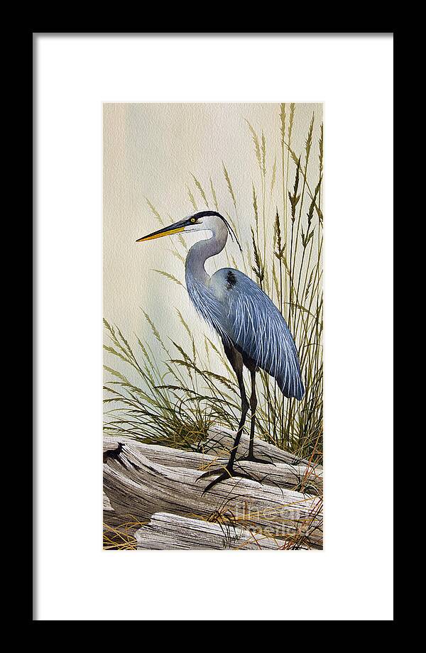 Great Blue Heron. Great Blue Heron Painting Framed Print featuring the painting Great Blue Heron Shore by James Williamson