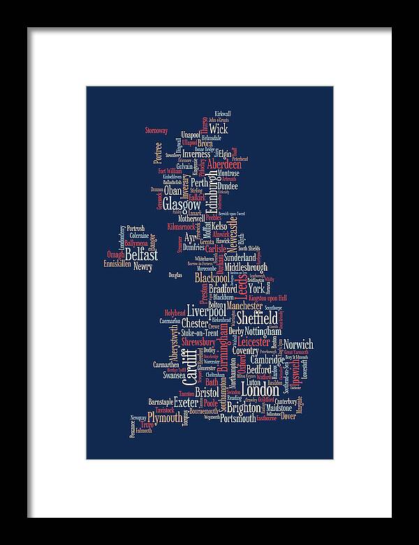 United Kingdom Framed Print featuring the digital art Great Britain UK City text Map by Michael Tompsett