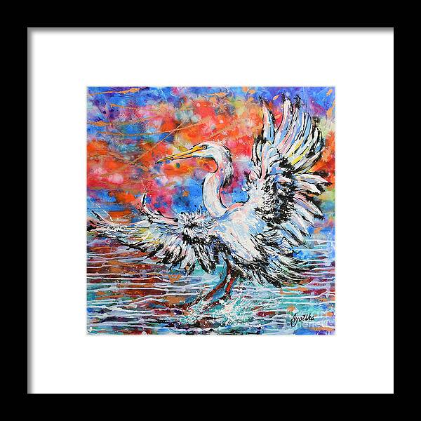  Framed Print featuring the painting Great Egret Sunset Glory by Jyotika Shroff
