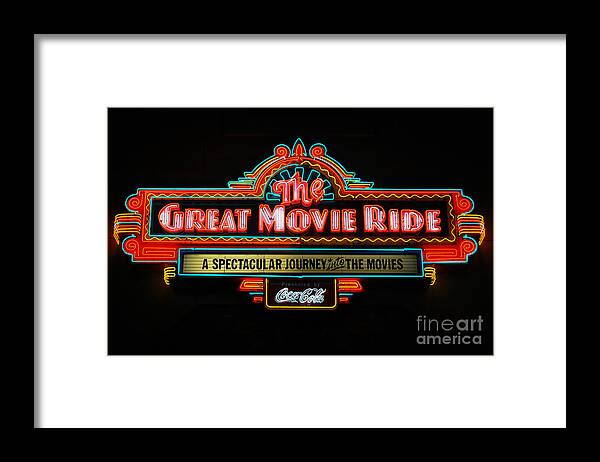 Travelpixpro Framed Print featuring the photograph Great Movie Ride Neon Sign Hollywood Studios Walt Disney World Prints by Shawn O'Brien