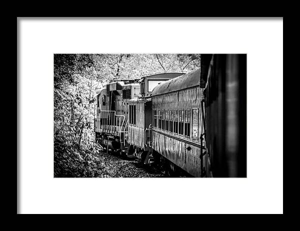 Kelly Hazel Framed Print featuring the photograph Great Smokey Mountain Railroad Looking Out at the Train in Black and White by Kelly Hazel