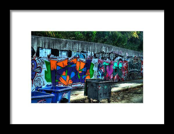 Graffiti Framed Print featuring the photograph Greek Graffiti With Garbage Bins by Richard Ortolano