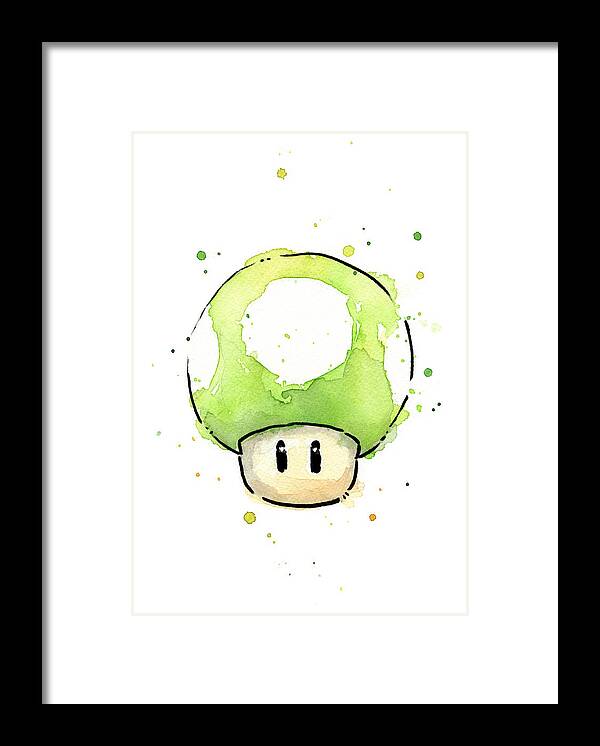 Video Game Framed Print featuring the painting Green 1UP Mushroom by Olga Shvartsur