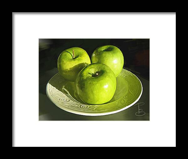 Apple Framed Print featuring the digital art Green apples in a white bowl by Debra Baldwin
