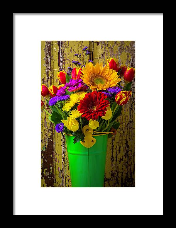 Red Framed Print featuring the photograph Green Bucket Of Spring Flowers by Garry Gay