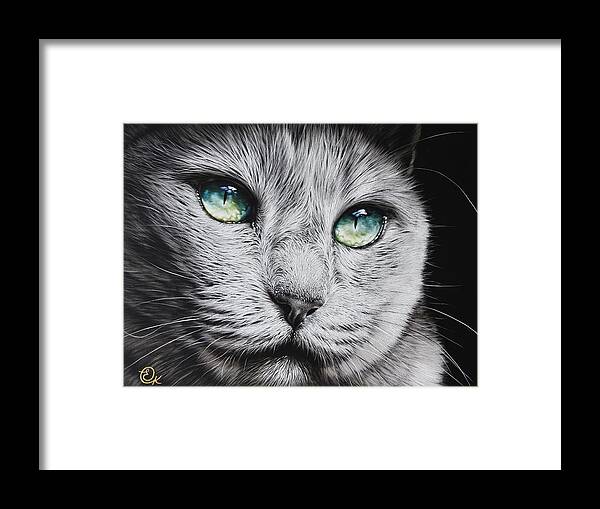 Cat Framed Print featuring the mixed media Green-eyed diva by Elena Kolotusha