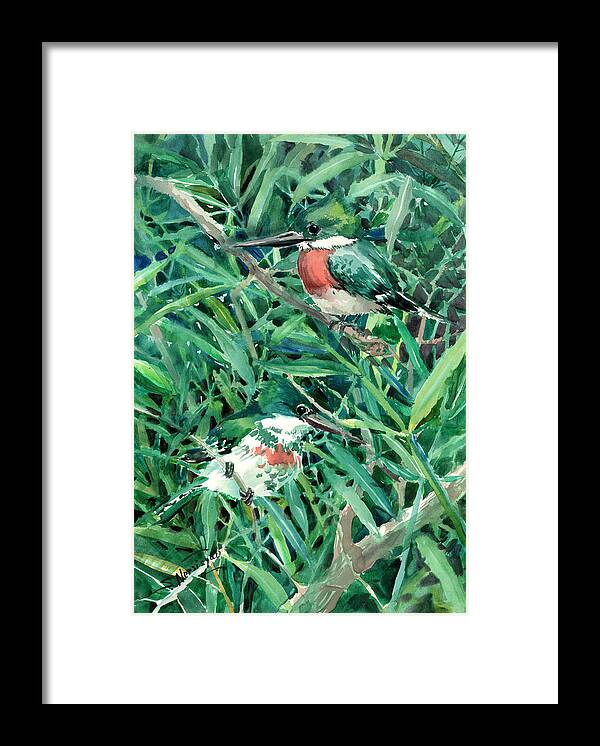 Kingfisher Framed Print featuring the painting Green Kingfishers in the Grass by Suren Nersisyan