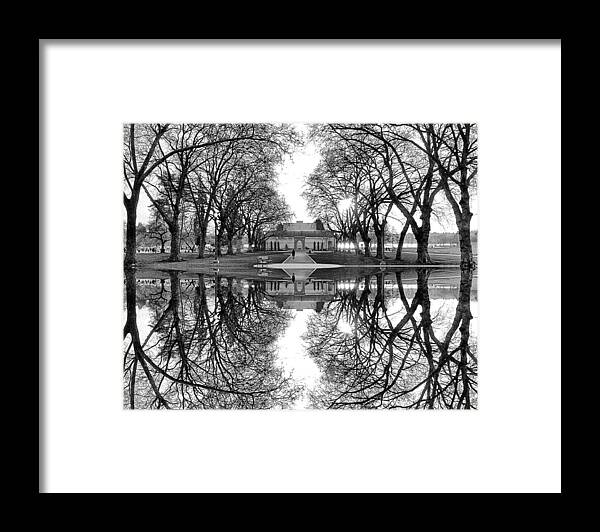 Seattle Framed Print featuring the digital art Green Lake Community Center Black and White Reflection by Pelo Blanco Photo