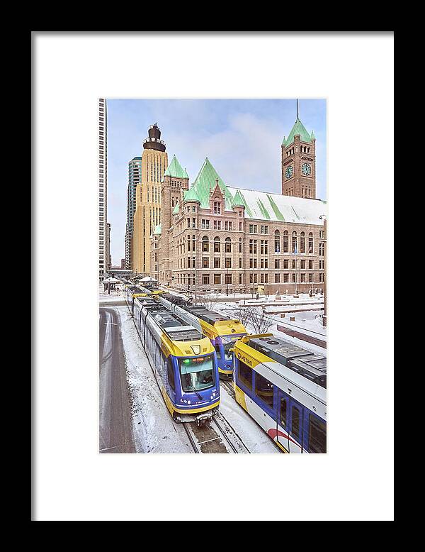 City Hall Framed Print featuring the photograph Green Line train leaves Minneapolis City Hall by Jim Hughes