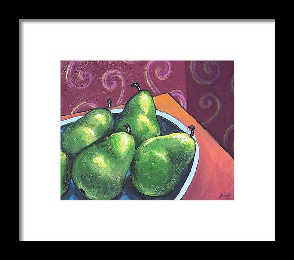 Pears Framed Print featuring the painting Green Pears in a Bowl by Sarah Crumpler