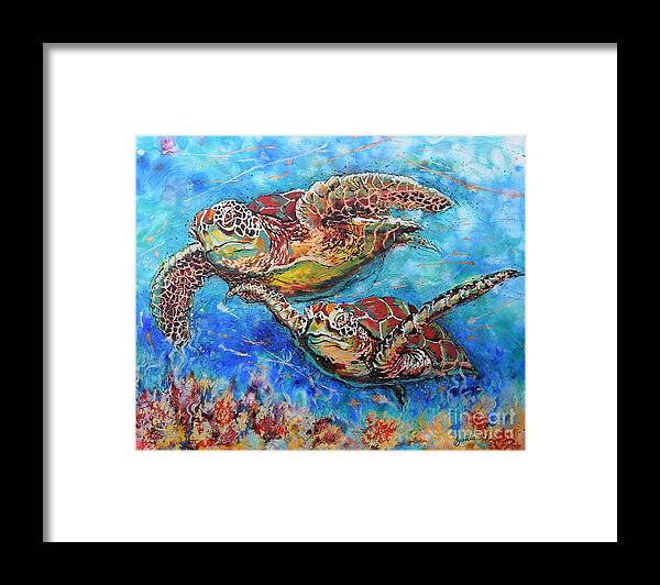 Marine Turtles Framed Print featuring the painting Green Sea Turtles by Jyotika Shroff