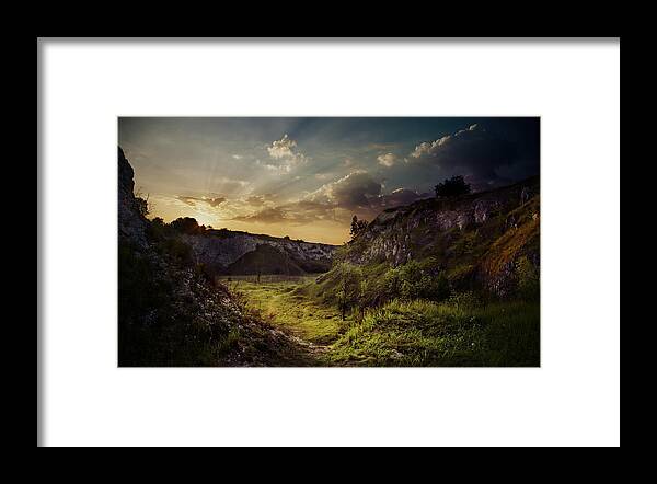 Sun Framed Print featuring the photograph Green valley at dawn by Jaroslaw Blaminsky