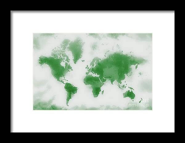 Map Framed Print featuring the digital art Green World Map by Zaira Dzhaubaeva