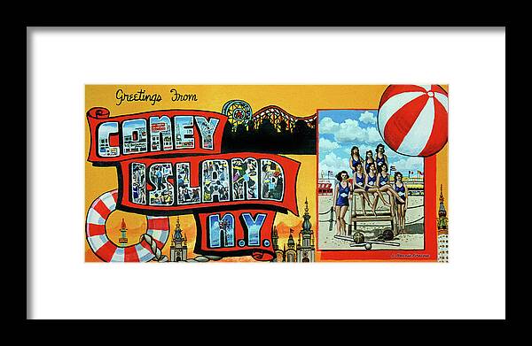 Coney Island Framed Print featuring the painting Greetings From Coney Island Towel Verson by Bonnie Siracusa