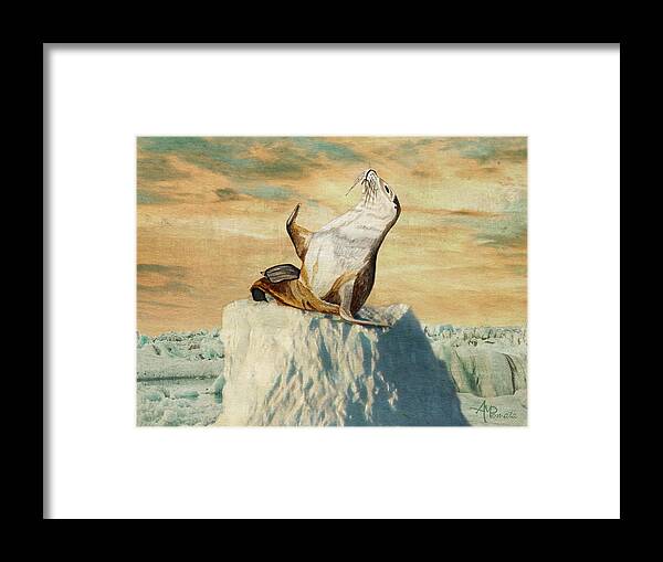 Sea Lion Framed Print featuring the painting Greetings From The Arctic by Angeles M Pomata