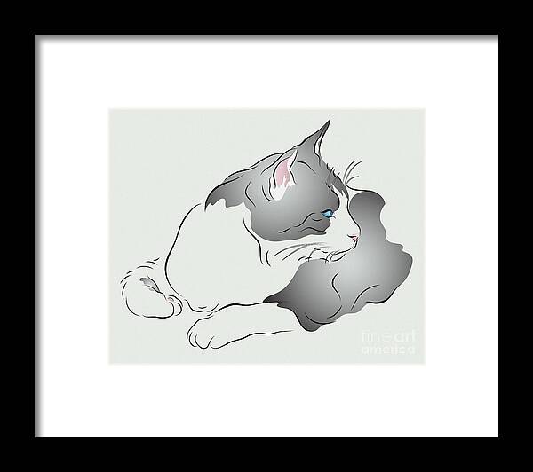 Graphic Cat Framed Print featuring the digital art Grey and White Cat in Profile Graphic by MM Anderson