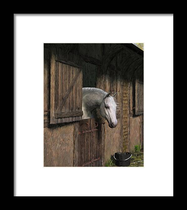 Horse Framed Print featuring the digital art Grey Horse in the Stable - Waiting for Dinner by Jayne Wilson