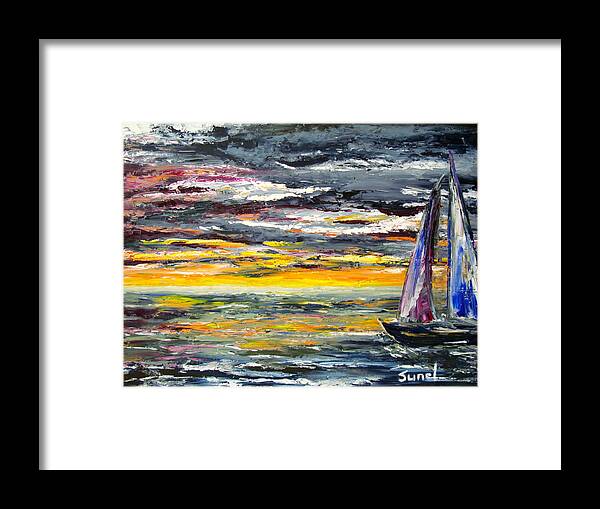 Sailboat Framed Print featuring the painting Grey skies by Sunel De Lange