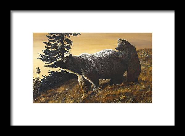 North American Wildlife Framed Print featuring the painting Grizzly with Cub by Johanna Lerwick