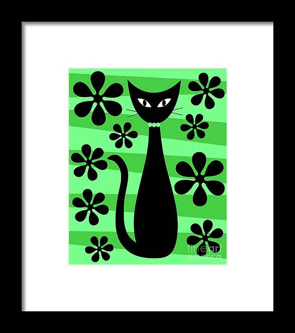 Donna Mibus Framed Print featuring the digital art Groovy Flowers with Cat Green and Light Green by Donna Mibus